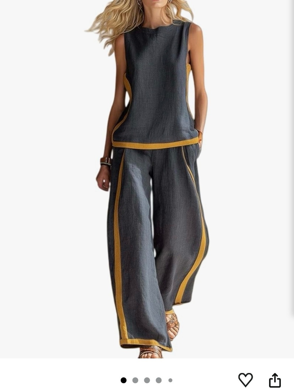 Womens Two-Piece Wide-Leg Pant Set - Dark Teal with Mustard Trim